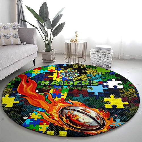 Raiders Autism Awareness Round Carpet Puzzle Flames Rugby Ball