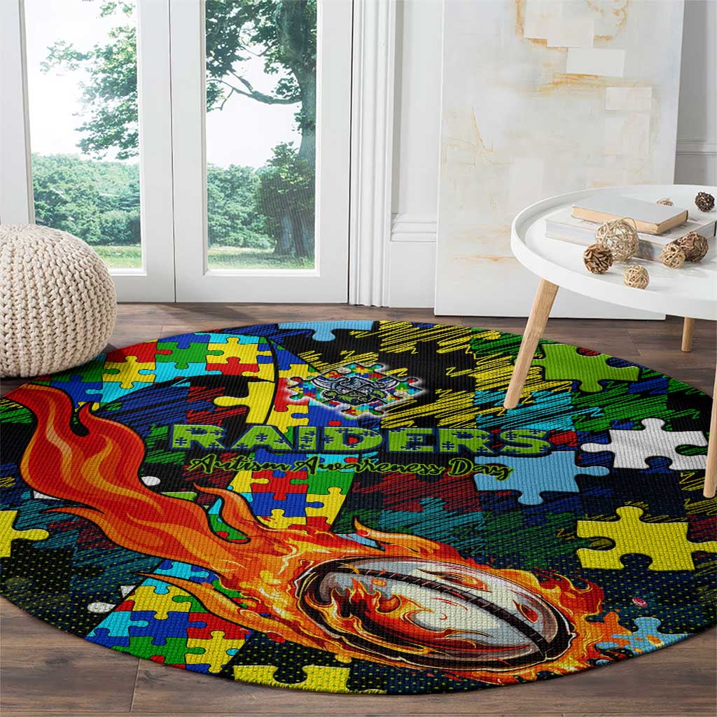 Raiders Autism Awareness Round Carpet Puzzle Flames Rugby Ball