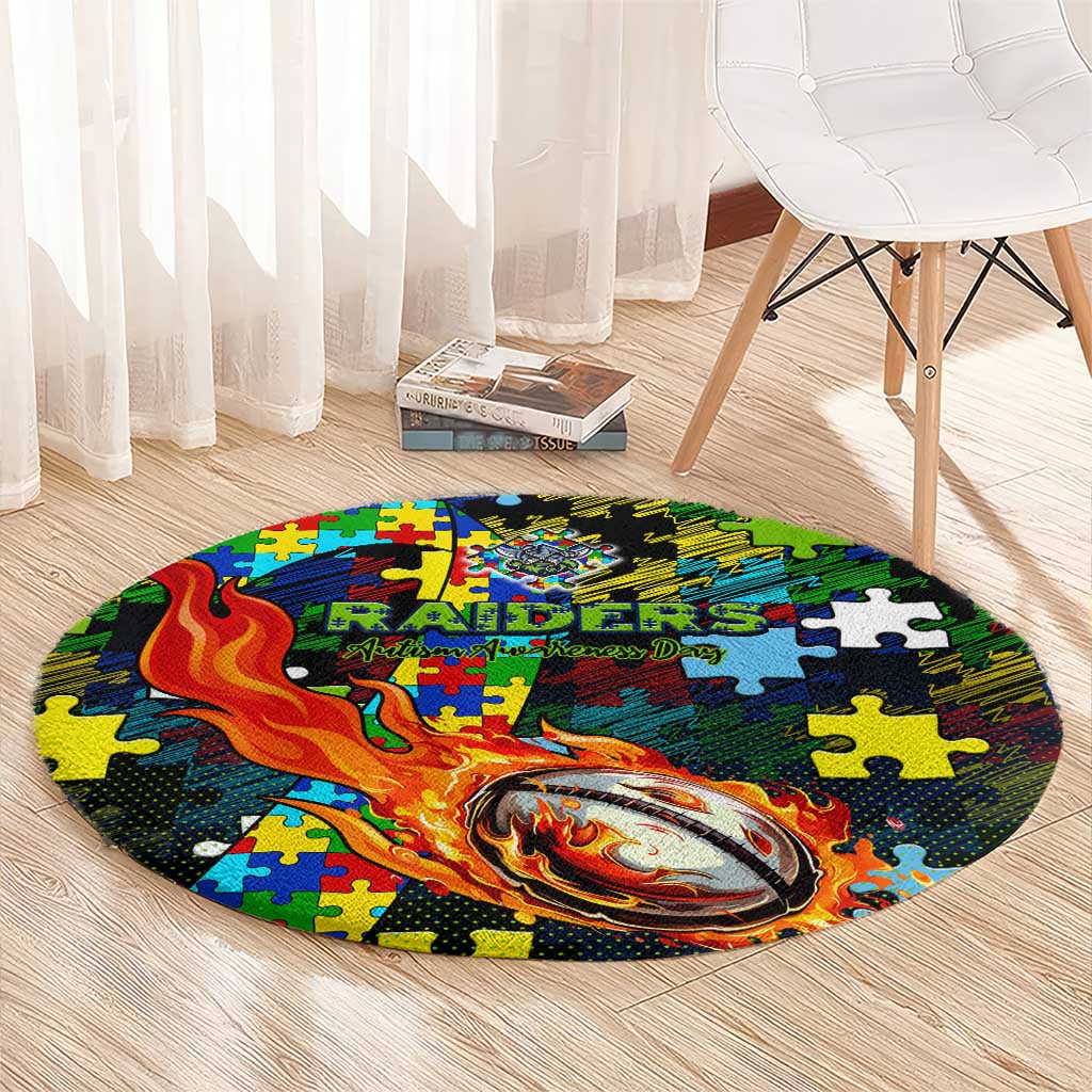 Raiders Autism Awareness Round Carpet Puzzle Flames Rugby Ball