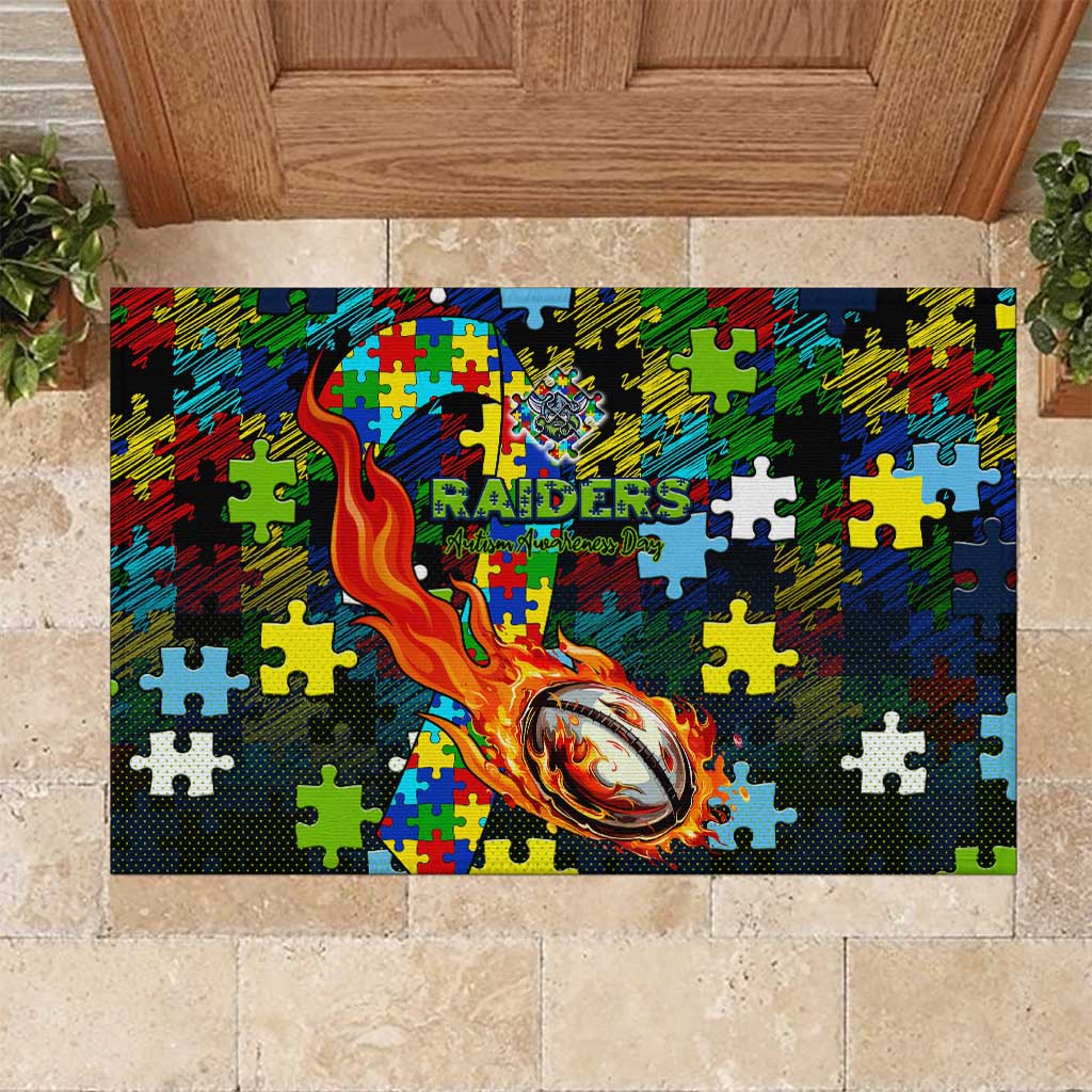 Raiders Autism Awareness Rubber Doormat Puzzle Flames Rugby Ball