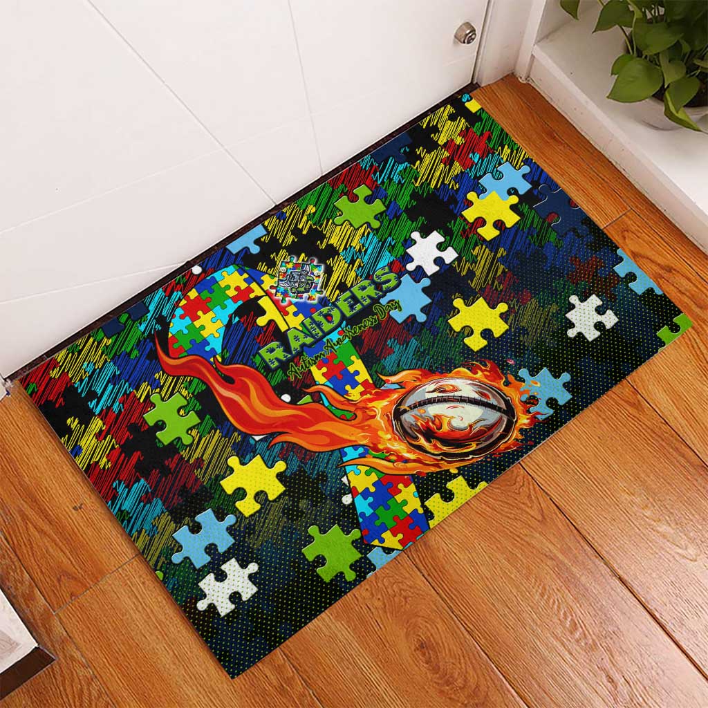 Raiders Autism Awareness Rubber Doormat Puzzle Flames Rugby Ball