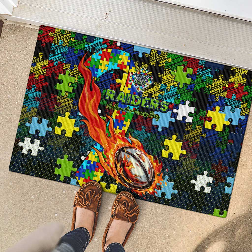 Raiders Autism Awareness Rubber Doormat Puzzle Flames Rugby Ball