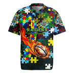 Raiders Autism Awareness Rugby Jersey Puzzle Flames Rugby Ball