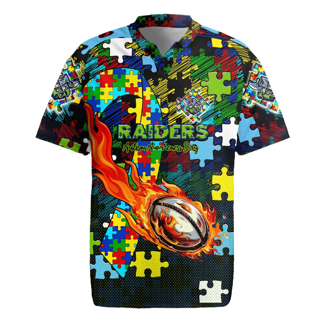 Raiders Autism Awareness Rugby Jersey Puzzle Flames Rugby Ball