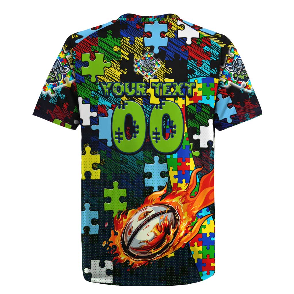 Raiders Autism Awareness Rugby Jersey Puzzle Flames Rugby Ball