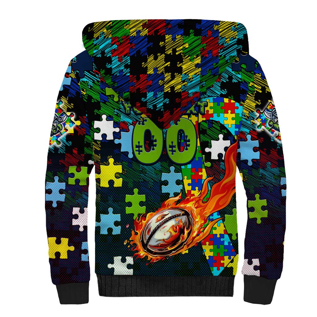Raiders Autism Awareness Sherpa Hoodie Puzzle Flames Rugby Ball