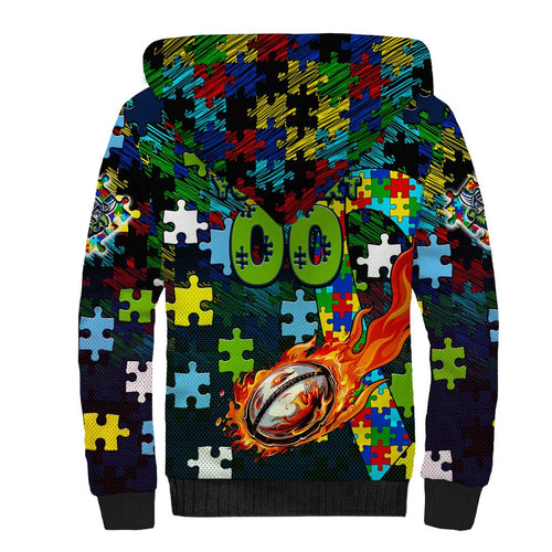 Raiders Autism Awareness Sherpa Hoodie Puzzle Flames Rugby Ball
