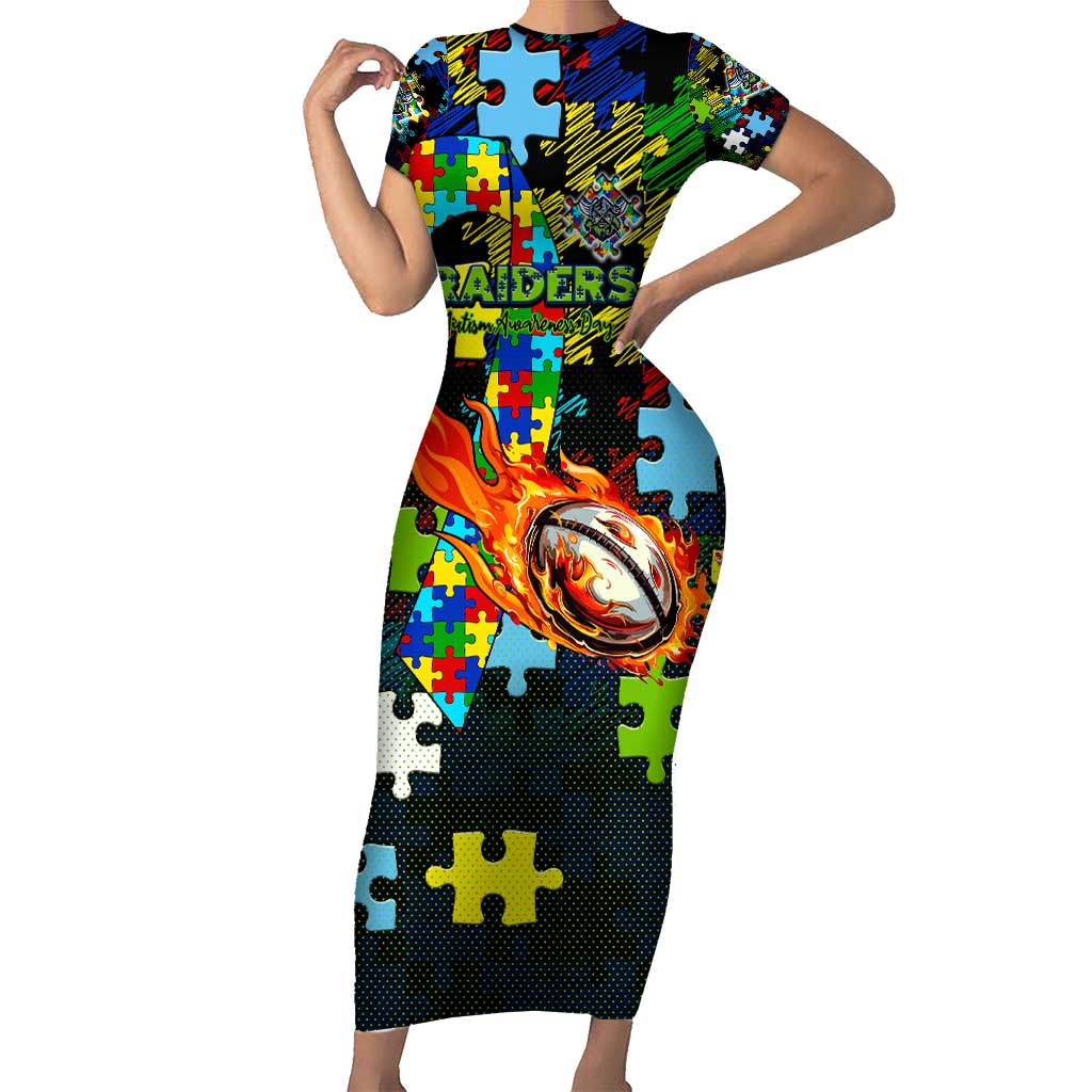 Raiders Autism Awareness Short Sleeve Bodycon Dress Puzzle Flames Rugby Ball