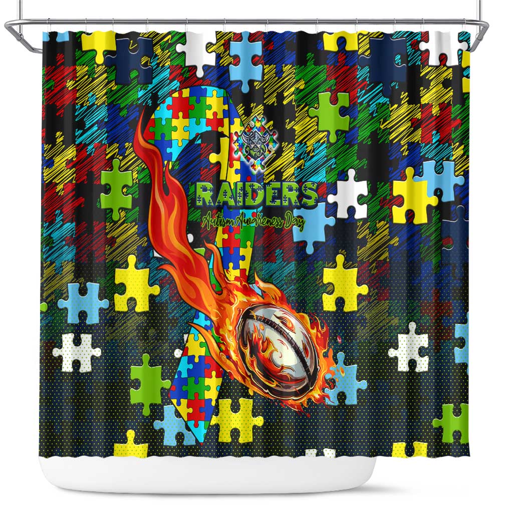 Raiders Autism Awareness Shower Curtain Puzzle Flames Rugby Ball