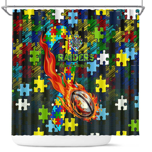 Raiders Autism Awareness Shower Curtain Puzzle Flames Rugby Ball
