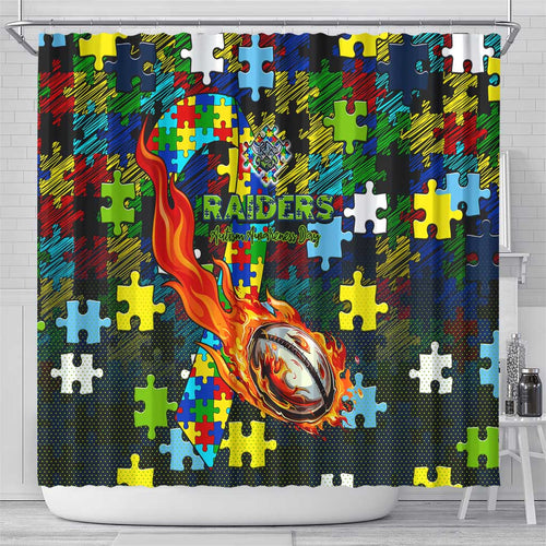 Raiders Autism Awareness Shower Curtain Puzzle Flames Rugby Ball