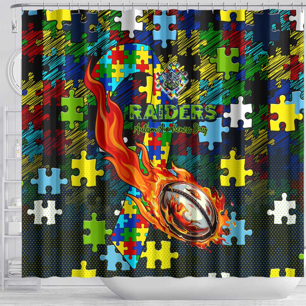 Raiders Autism Awareness Shower Curtain Puzzle Flames Rugby Ball