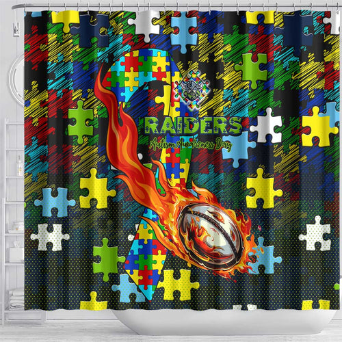 Raiders Autism Awareness Shower Curtain Puzzle Flames Rugby Ball