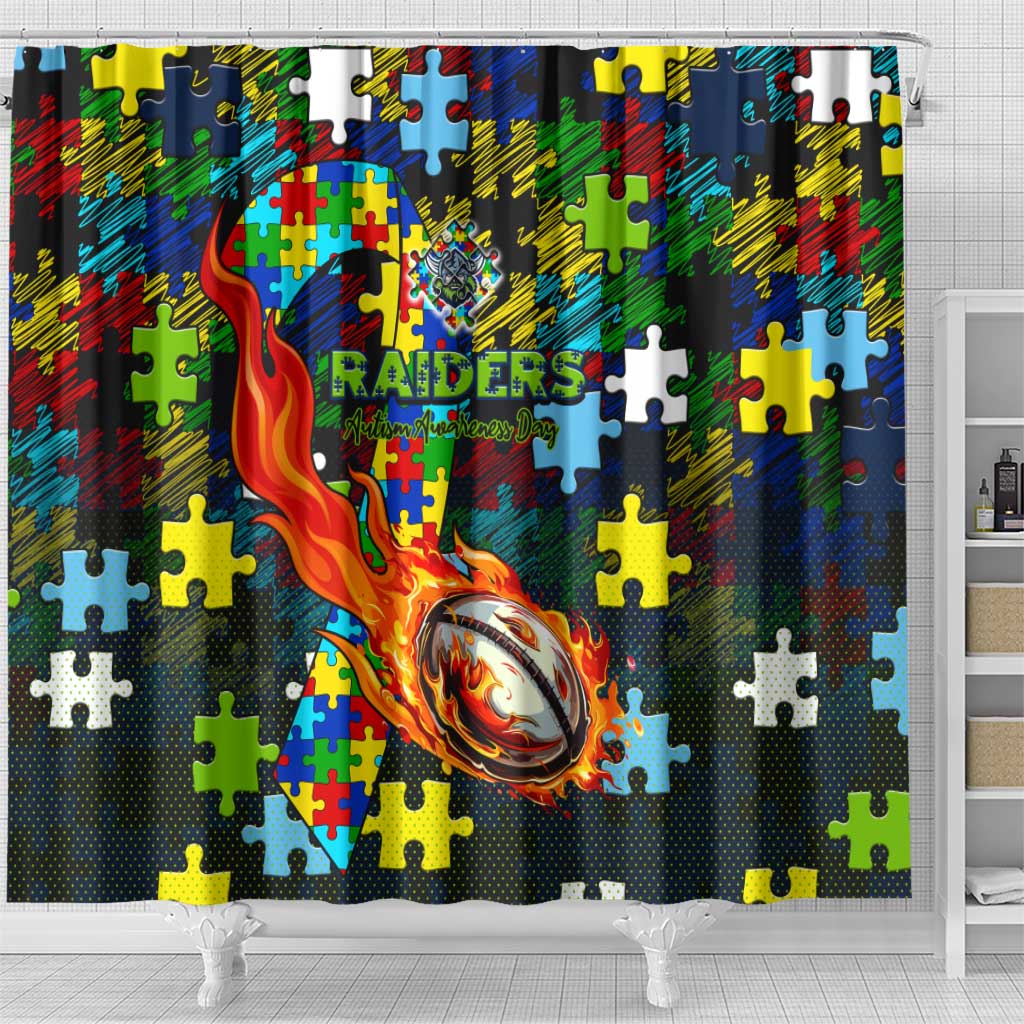Raiders Autism Awareness Shower Curtain Puzzle Flames Rugby Ball