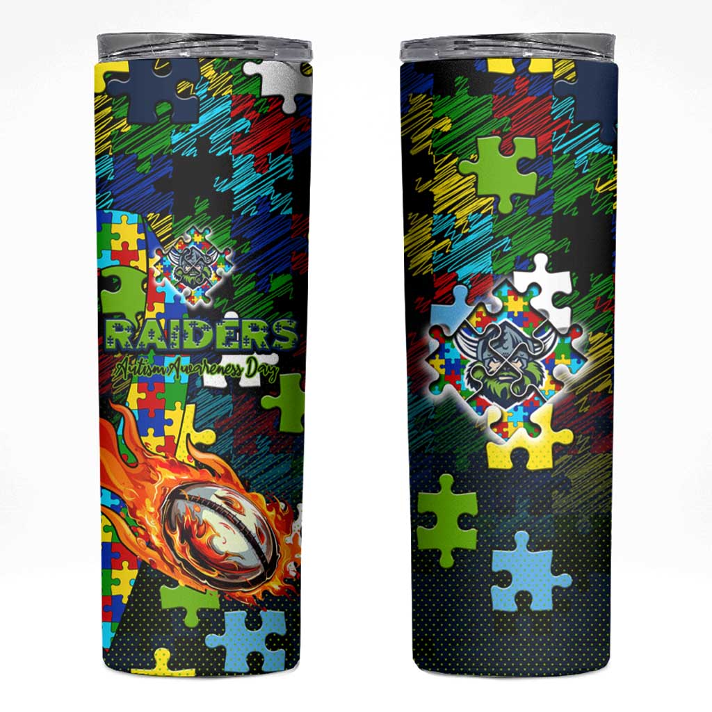 Raiders Autism Awareness Skinny Tumbler Puzzle Flames Rugby Ball