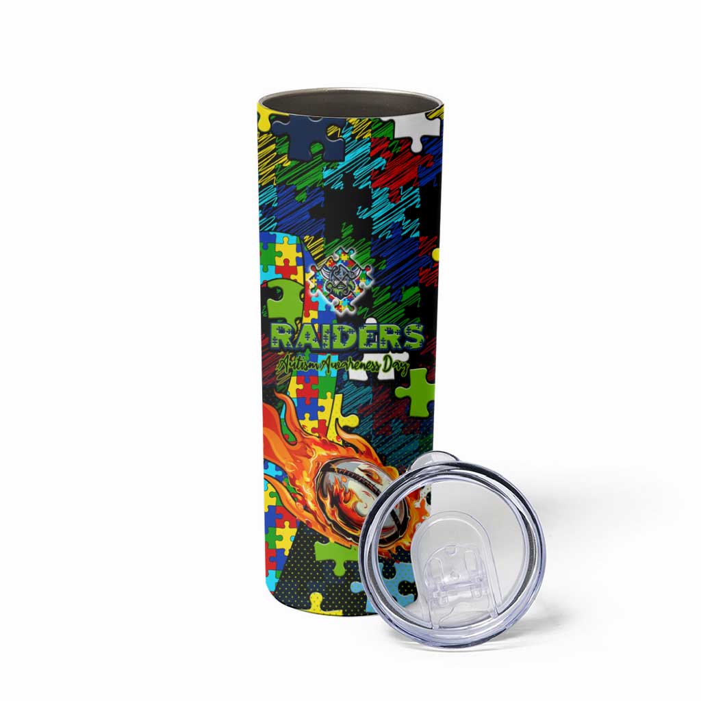 Raiders Autism Awareness Skinny Tumbler Puzzle Flames Rugby Ball