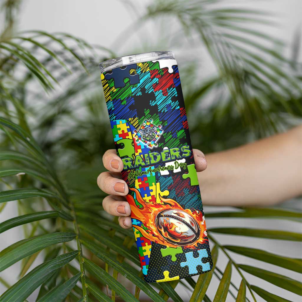 Raiders Autism Awareness Skinny Tumbler Puzzle Flames Rugby Ball