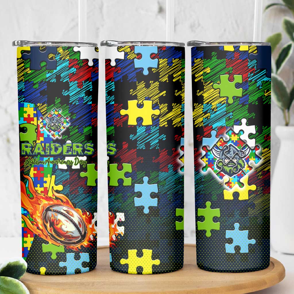 Raiders Autism Awareness Skinny Tumbler Puzzle Flames Rugby Ball