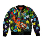 Raiders Autism Awareness Sleeve Zip Bomber Jacket Puzzle Flames Rugby Ball