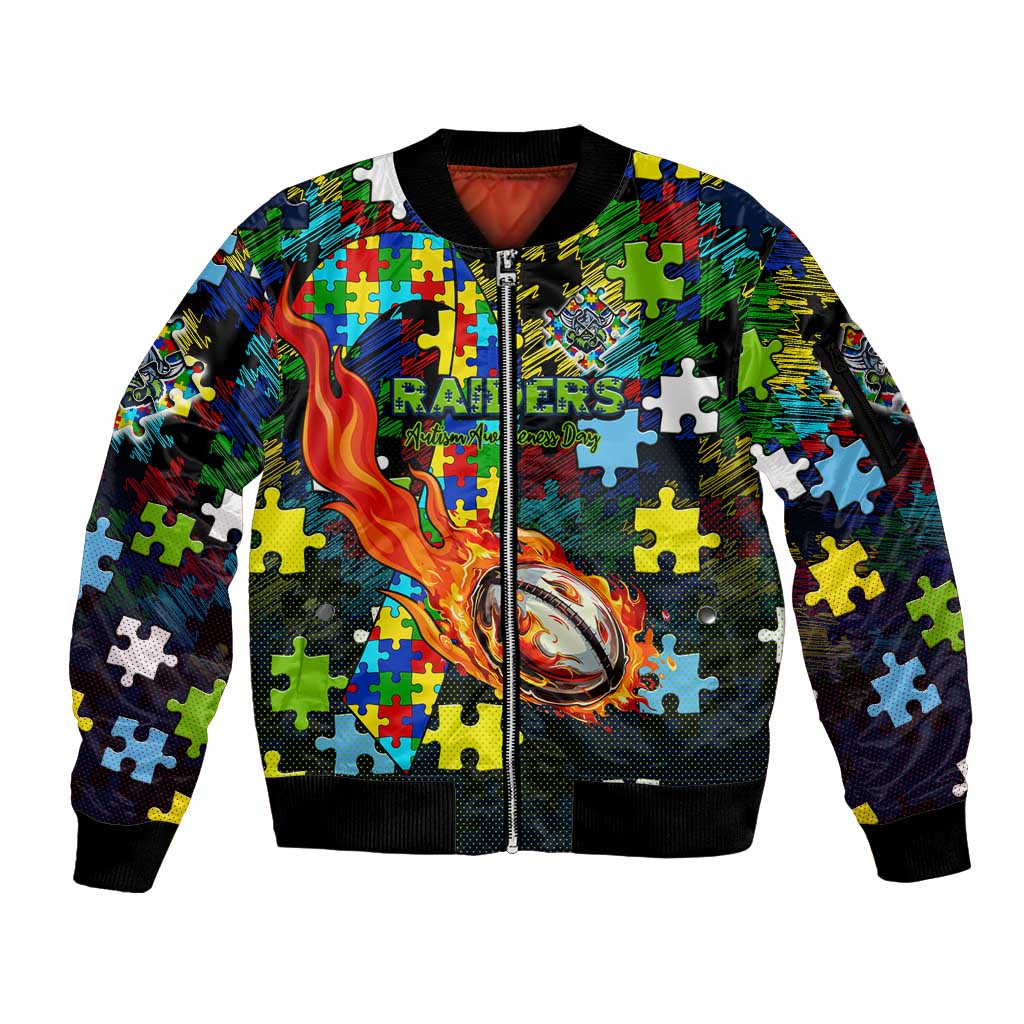 Raiders Autism Awareness Sleeve Zip Bomber Jacket Puzzle Flames Rugby Ball