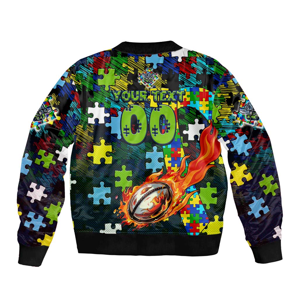 Raiders Autism Awareness Sleeve Zip Bomber Jacket Puzzle Flames Rugby Ball