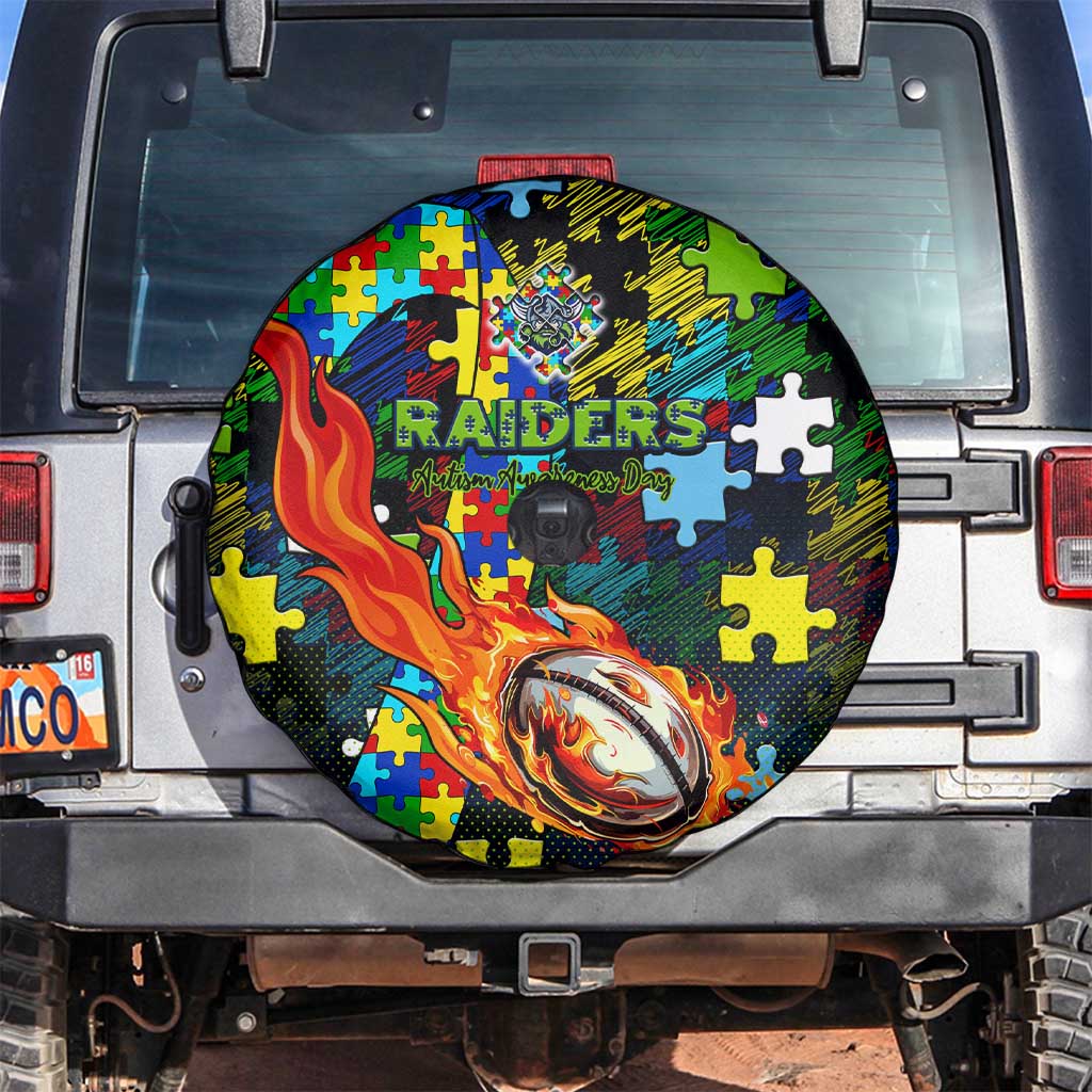 Raiders Autism Awareness Spare Tire Cover Puzzle Flames Rugby Ball