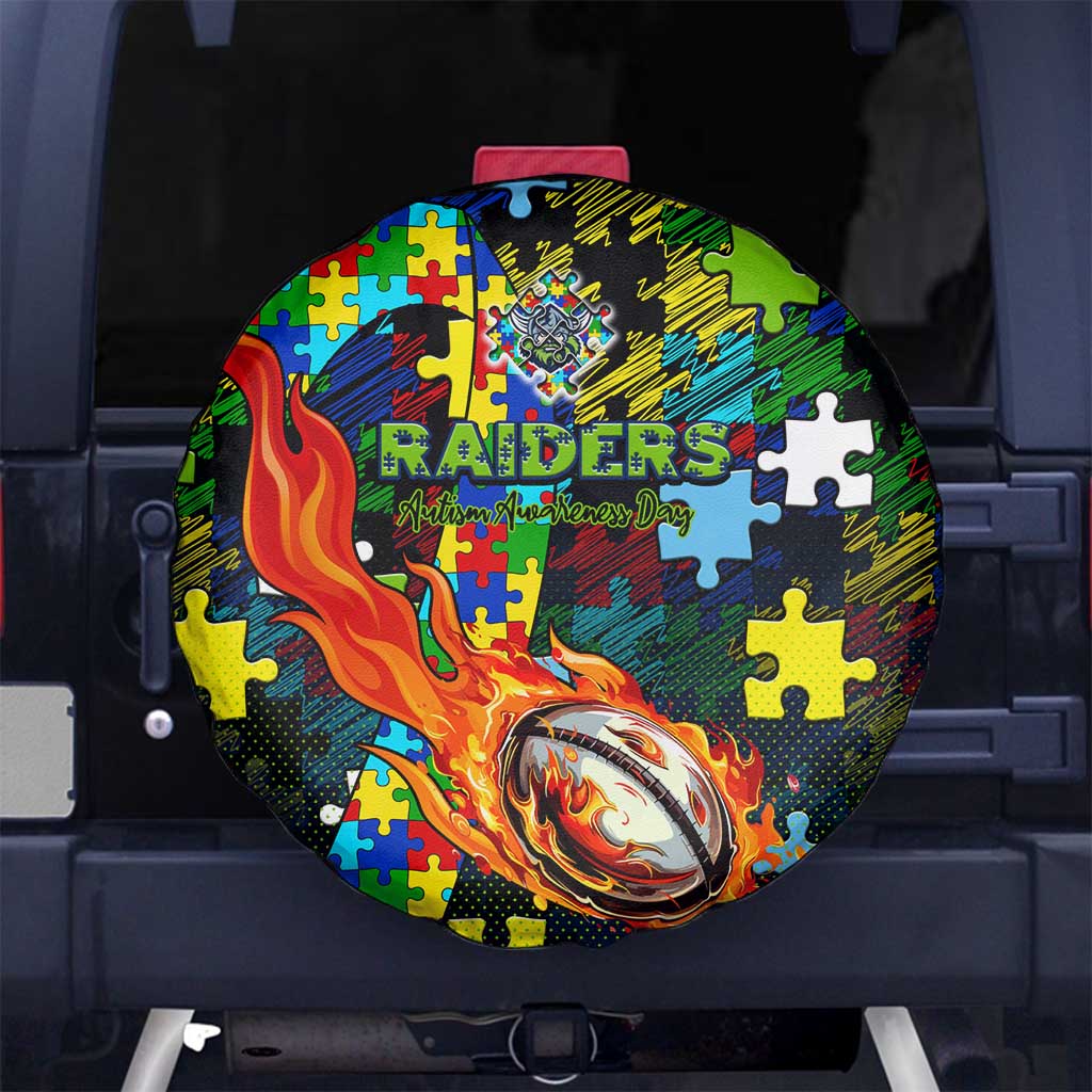 Raiders Autism Awareness Spare Tire Cover Puzzle Flames Rugby Ball