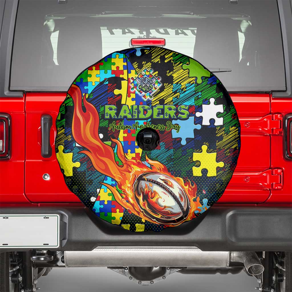 Raiders Autism Awareness Spare Tire Cover Puzzle Flames Rugby Ball