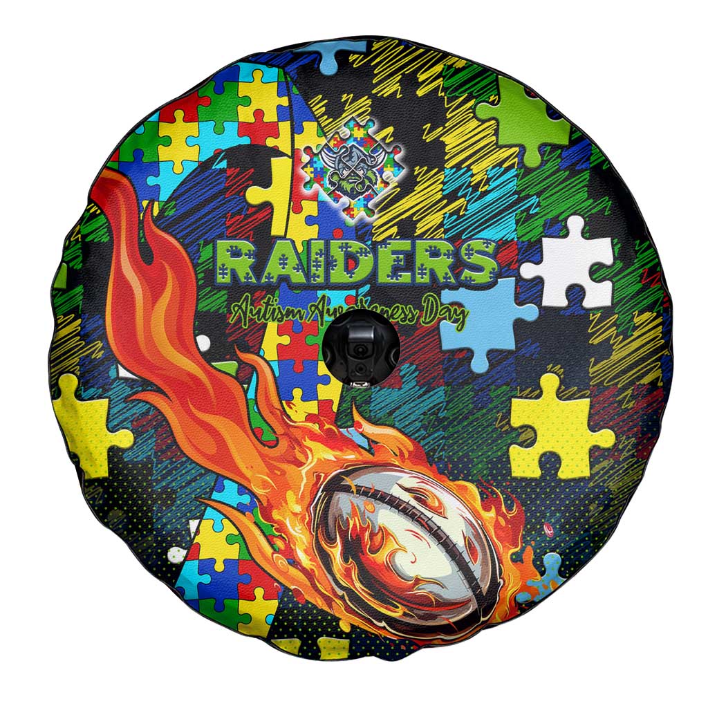 Raiders Autism Awareness Spare Tire Cover Puzzle Flames Rugby Ball