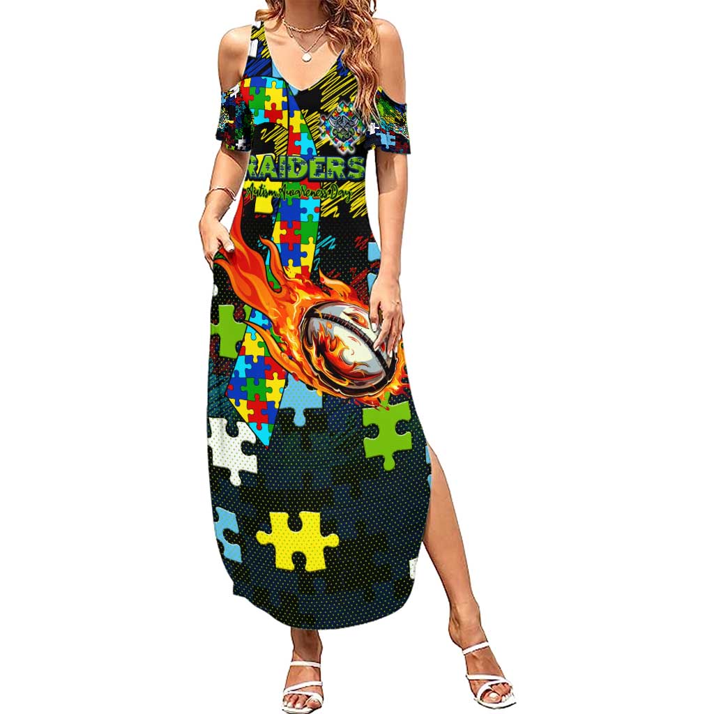 Raiders Autism Awareness Summer Maxi Dress Puzzle Flames Rugby Ball