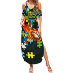 Raiders Autism Awareness Summer Maxi Dress Puzzle Flames Rugby Ball