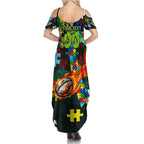 Raiders Autism Awareness Summer Maxi Dress Puzzle Flames Rugby Ball