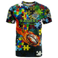 Raiders Autism Awareness T Shirt Puzzle Flames Rugby Ball