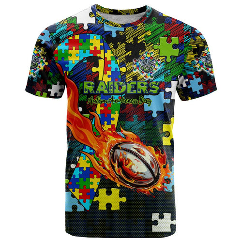 Raiders Autism Awareness T Shirt Puzzle Flames Rugby Ball