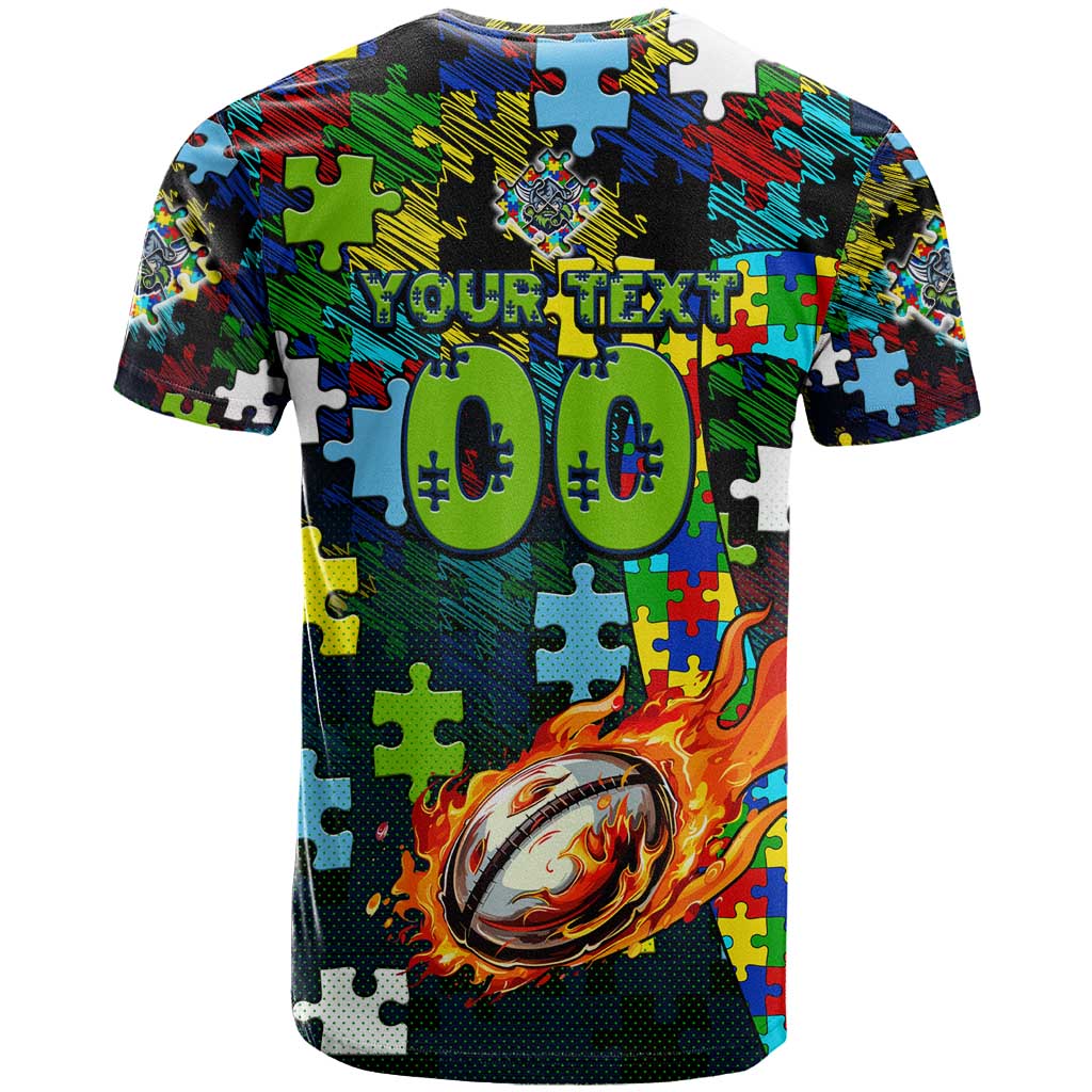 Raiders Autism Awareness T Shirt Puzzle Flames Rugby Ball