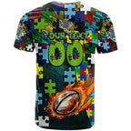 Raiders Autism Awareness T Shirt Puzzle Flames Rugby Ball