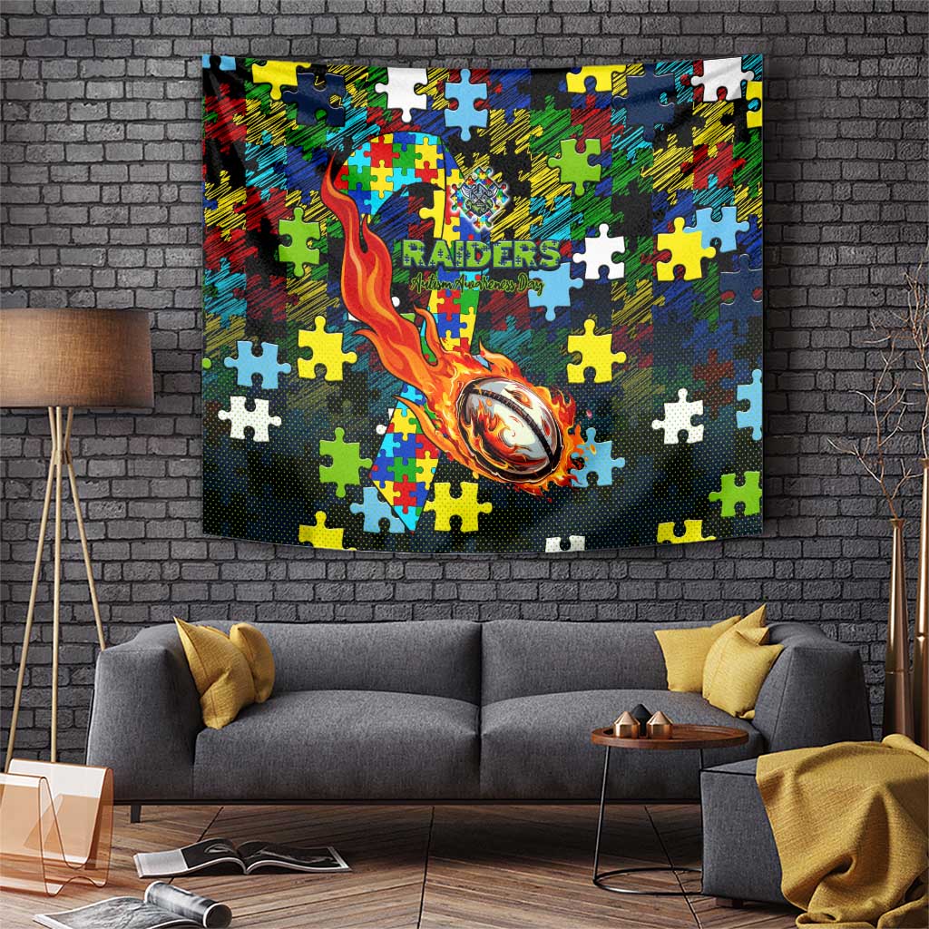 Raiders Autism Awareness Tapestry Puzzle Flames Rugby Ball