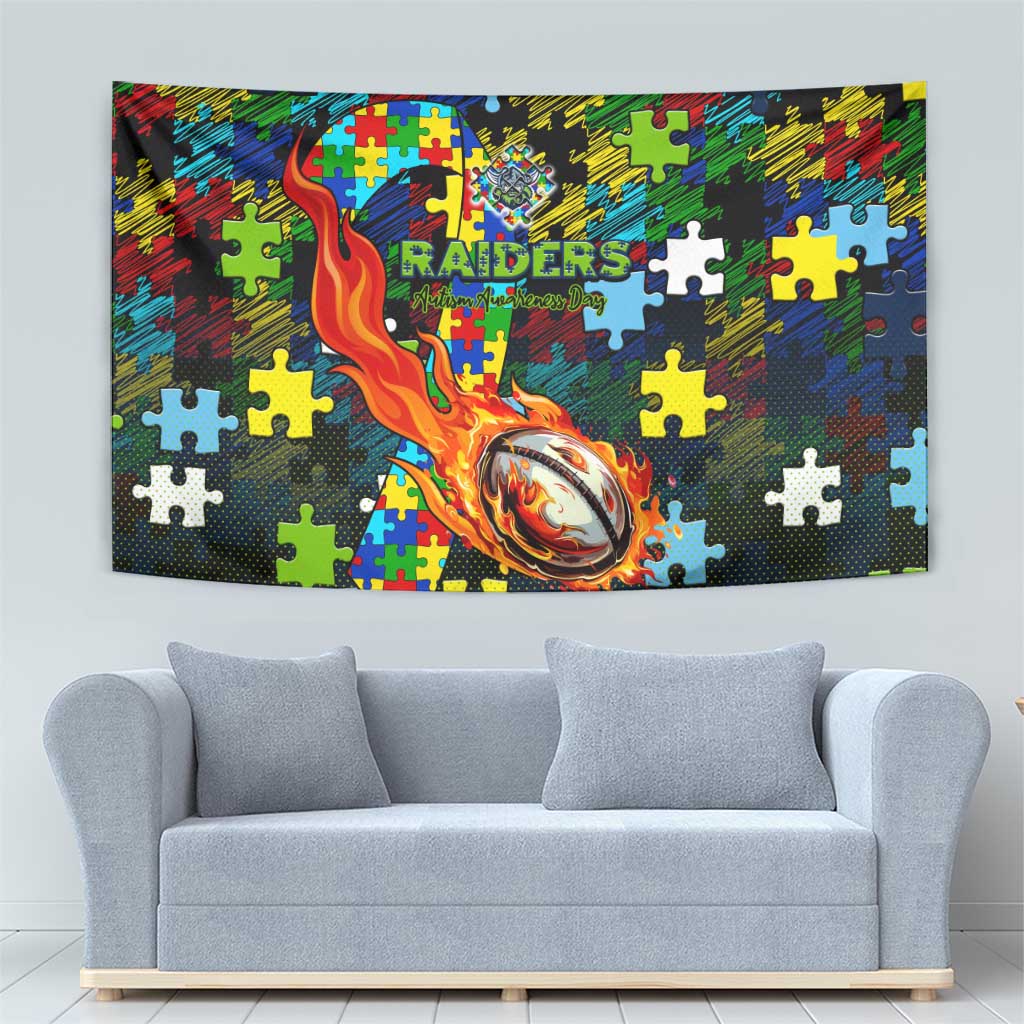 Raiders Autism Awareness Tapestry Puzzle Flames Rugby Ball