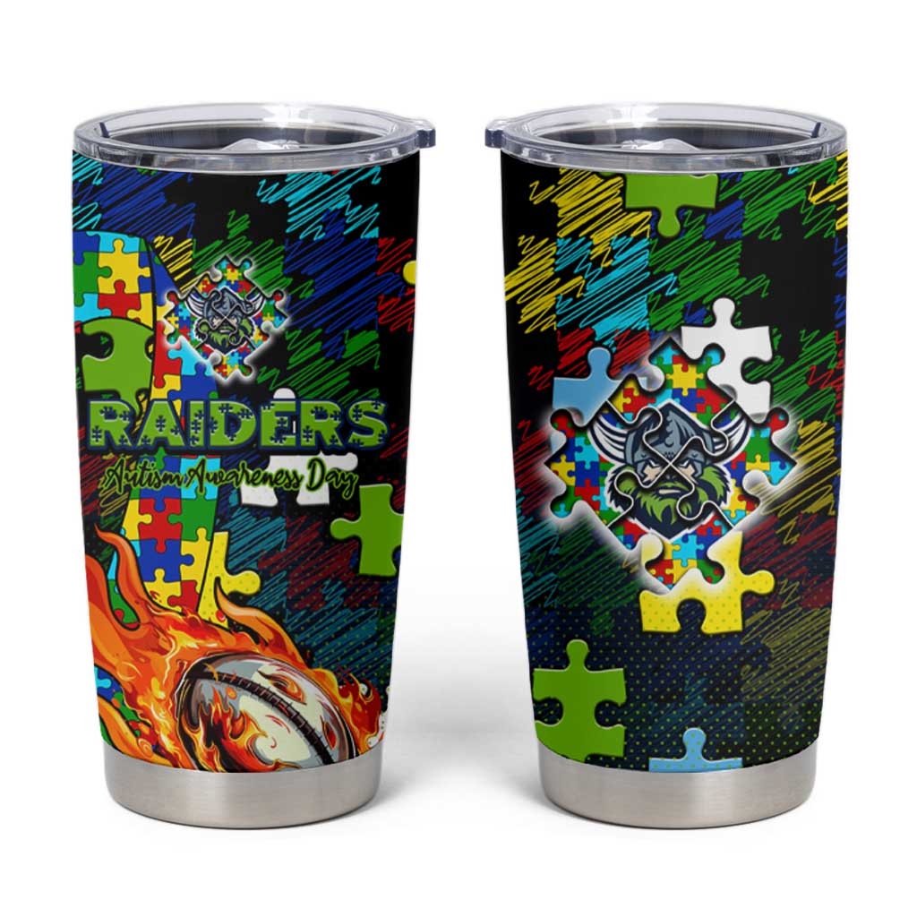 Raiders Autism Awareness Tumbler Cup Puzzle Flames Rugby Ball