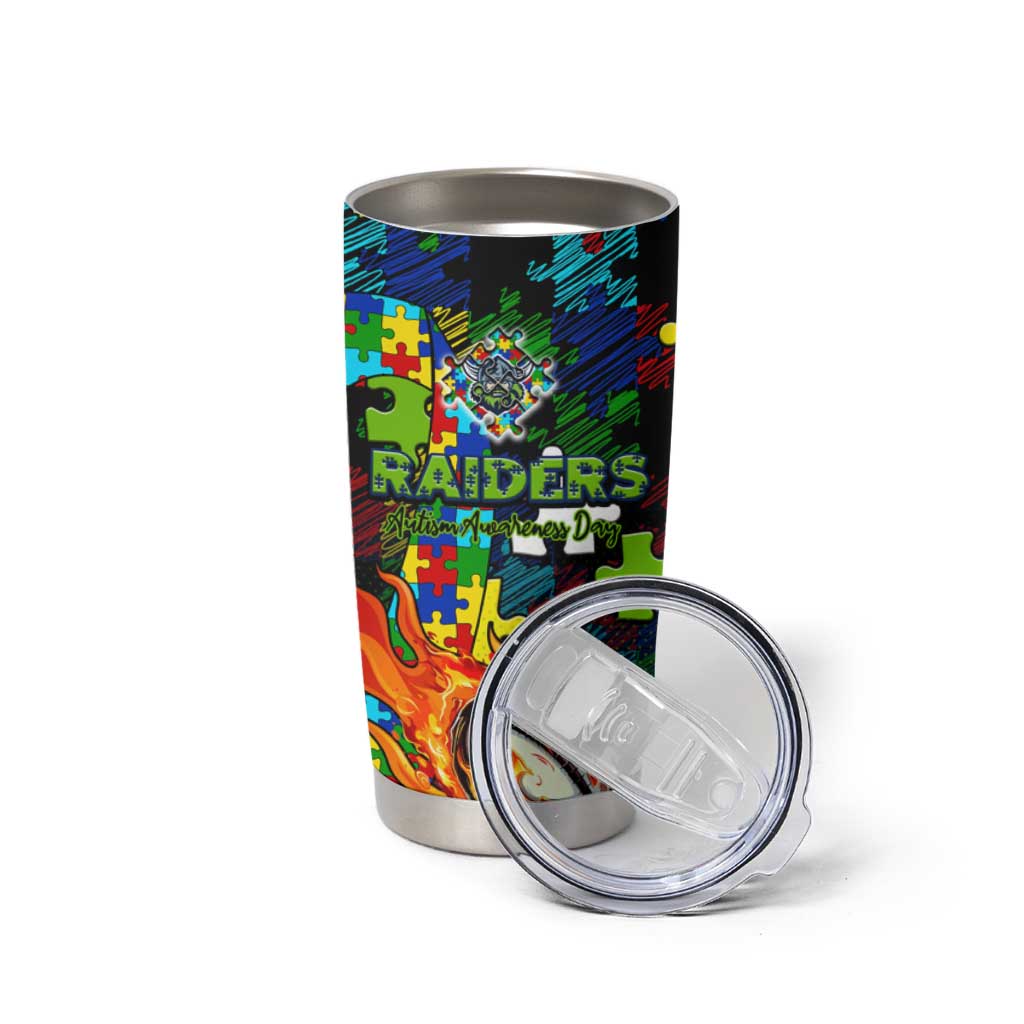 Raiders Autism Awareness Tumbler Cup Puzzle Flames Rugby Ball