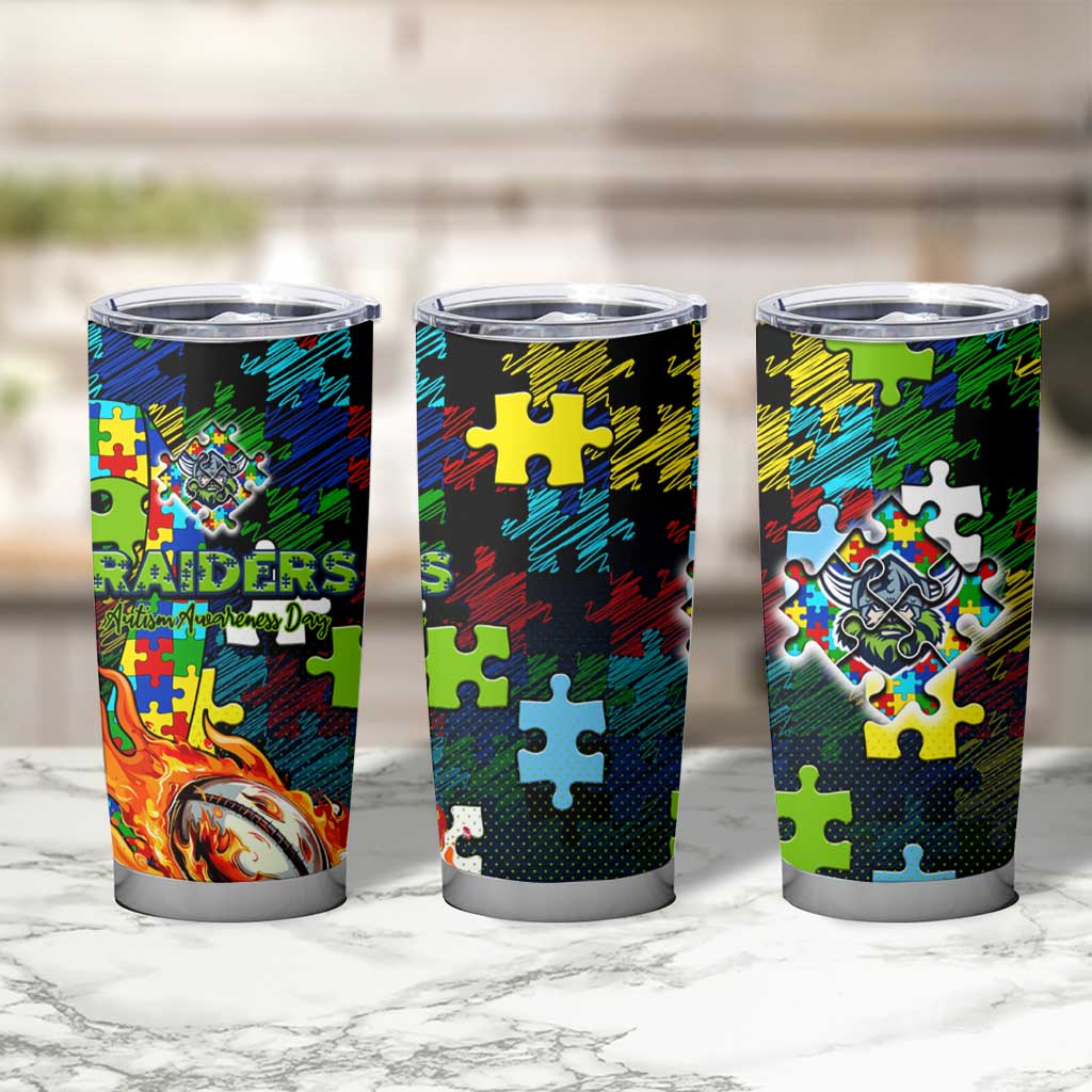 Raiders Autism Awareness Tumbler Cup Puzzle Flames Rugby Ball