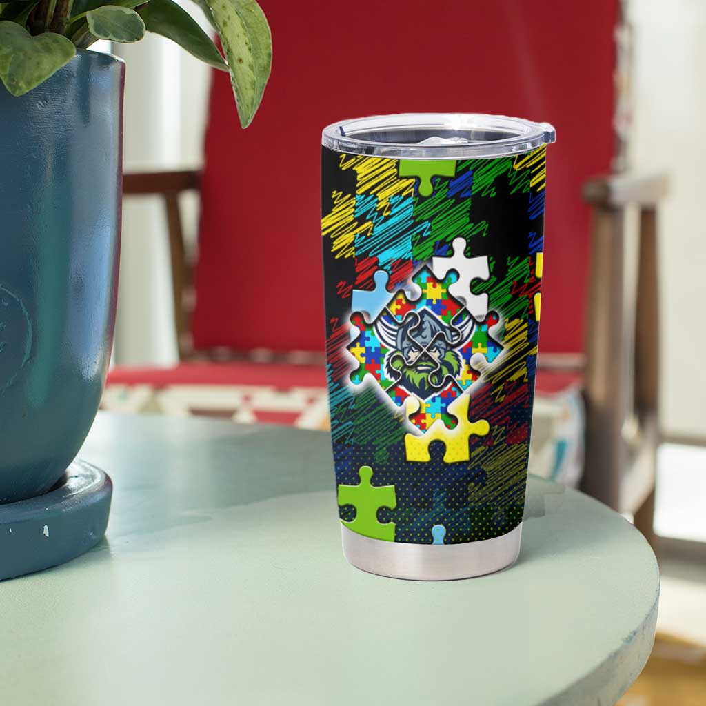 Raiders Autism Awareness Tumbler Cup Puzzle Flames Rugby Ball