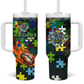 Raiders Autism Awareness Tumbler With Handle Puzzle Flames Rugby Ball