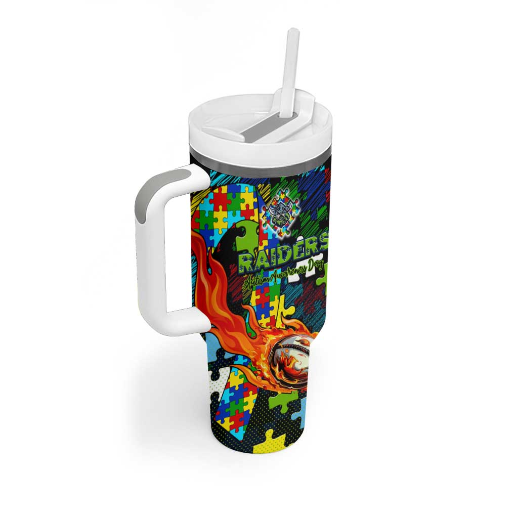 Raiders Autism Awareness Tumbler With Handle Puzzle Flames Rugby Ball