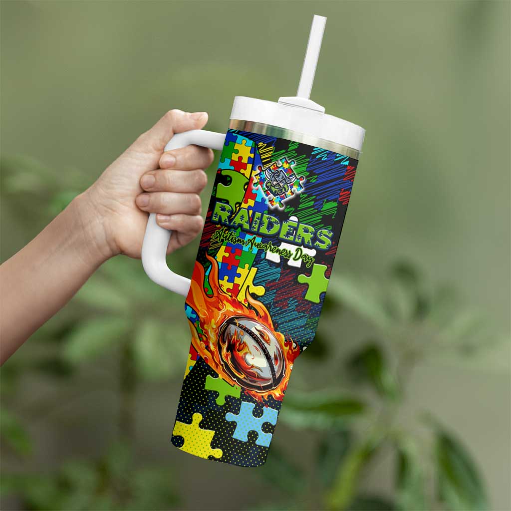 Raiders Autism Awareness Tumbler With Handle Puzzle Flames Rugby Ball