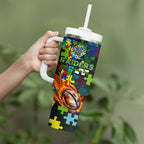 Raiders Autism Awareness Tumbler With Handle Puzzle Flames Rugby Ball