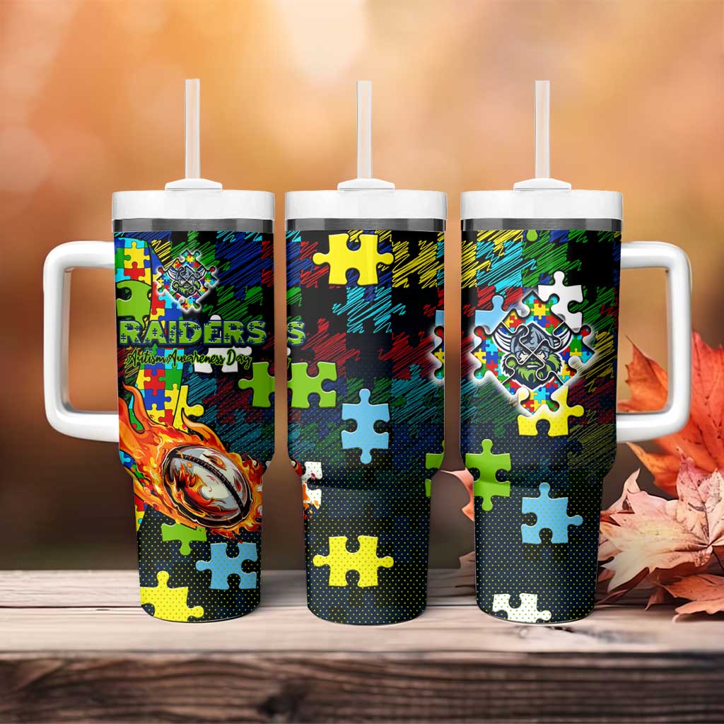 Raiders Autism Awareness Tumbler With Handle Puzzle Flames Rugby Ball