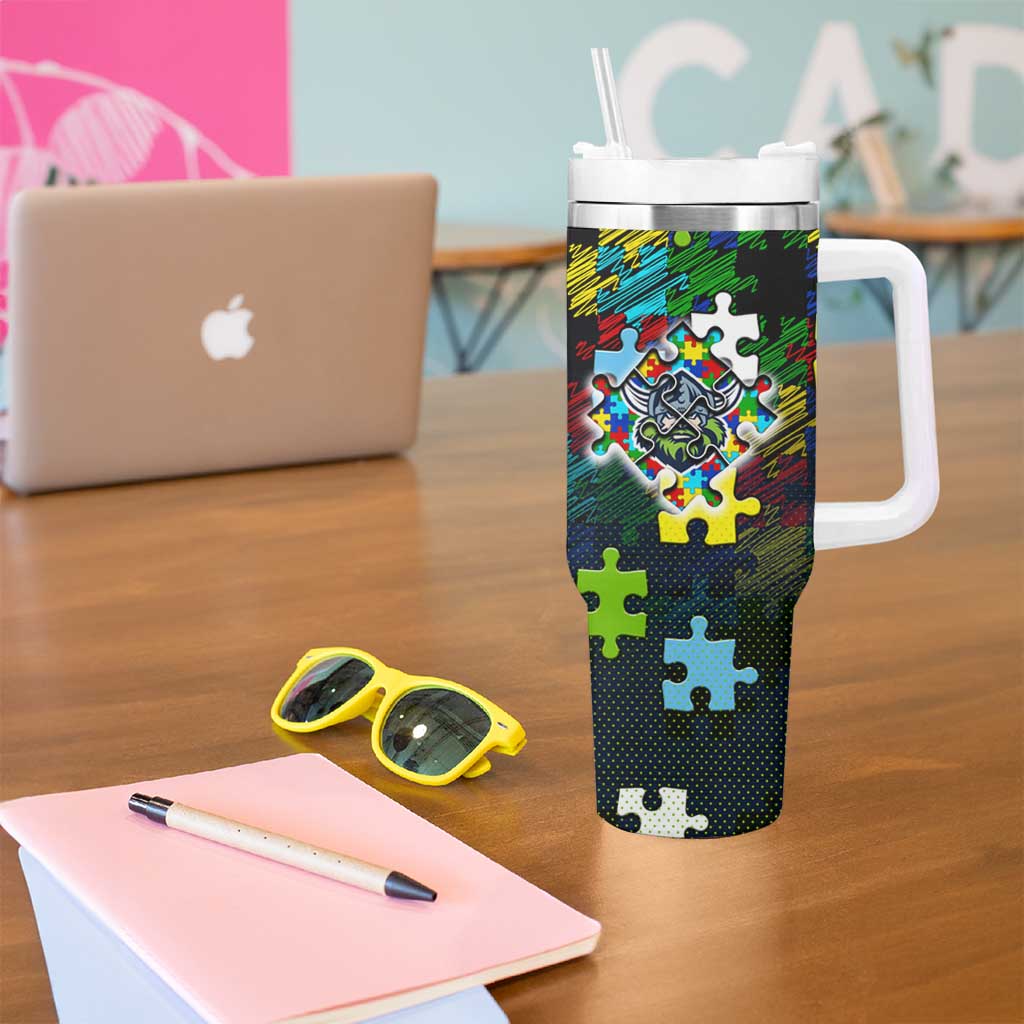 Raiders Autism Awareness Tumbler With Handle Puzzle Flames Rugby Ball