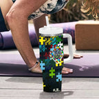 Raiders Autism Awareness Tumbler With Handle Puzzle Flames Rugby Ball