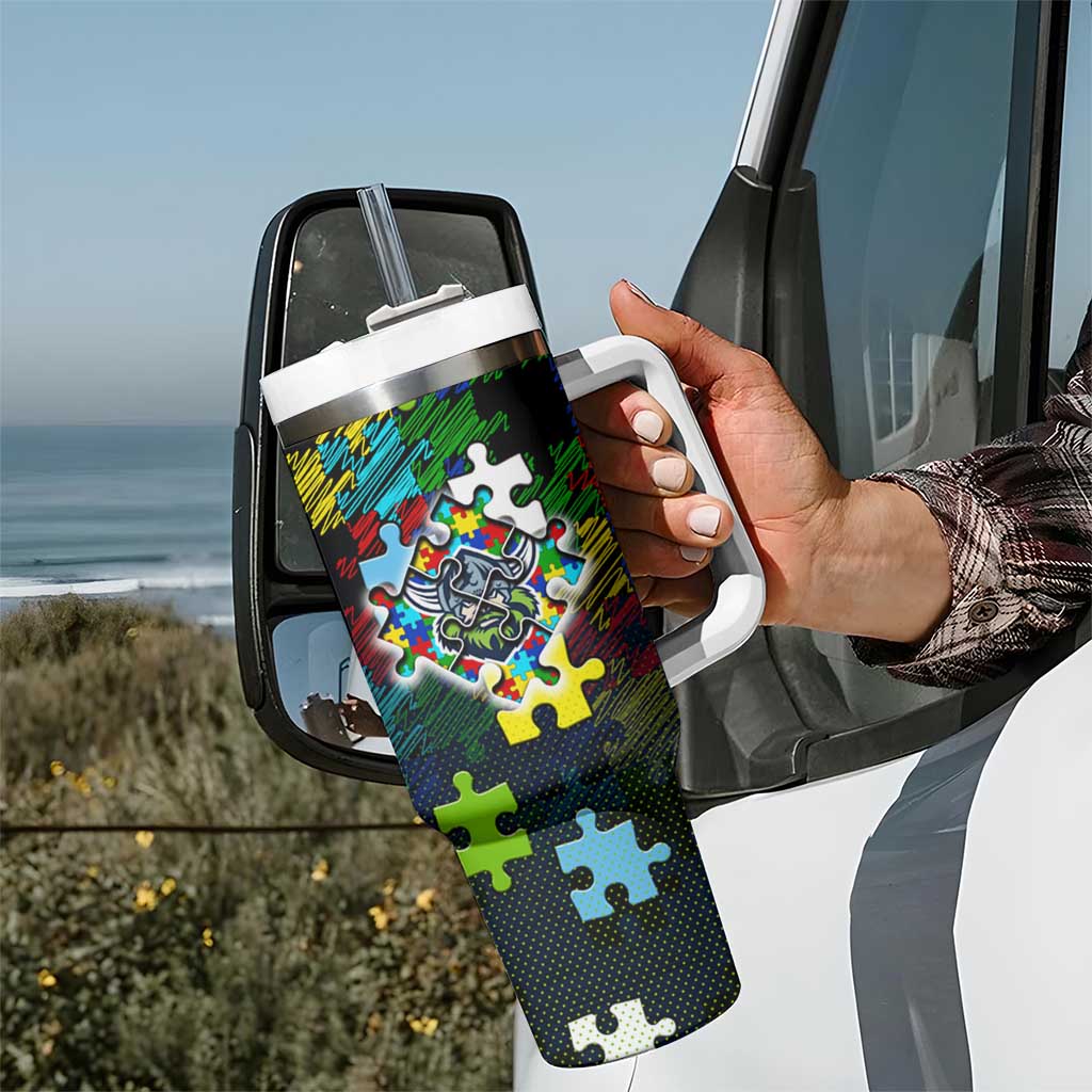 Raiders Autism Awareness Tumbler With Handle Puzzle Flames Rugby Ball